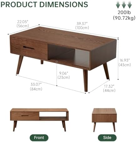 100% Solid Oak Coffee Table for Living Room,Fully Assembled, 39.37'' W
