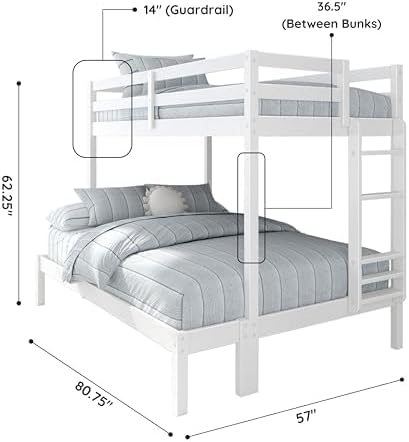 Grain & Grove Bear Twin Over Full Bunk Bed, Sturdy Bunk Bed Frame for Kids, Plywood Bunk with Ladder, Guardrail, and Slats, No Box Spring Required, Brushed White