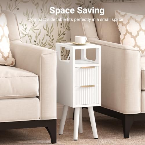 Narrow Side Table with Charging Station, Skinny Fluted Nightstand, White