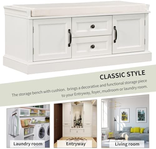 GDFStudio Rustic Storage Bench with 4 Doors 2 Draws Adjustable Shelves Removable Cushion Rectangular Cabinet Foot Rest Stool Solid Wood Shoe Bench Seating for Entryway Living Room, White