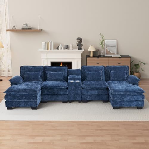 OUYESSIR 132" U Shaped Cloud Sectional Couch with USB Port, Dark Blue