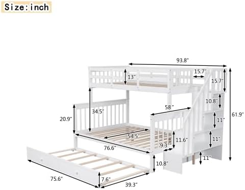 MERITLINE Twin Over Full Bunk Bed with Trundle, Storage Staircase,Solid Wood Bunk Bed with Stairs Box and Guardrail, No Spring Box Needed (White &Trundle,Twin Over Full)