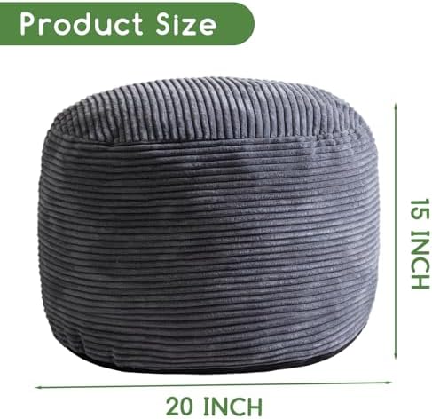 HIGOGOGO Round Stuffed Pouf Ottoman, Corduroy Poufs with Foam Chunk Filling, Furry and Fluffy Pouf Foot Stool Storage Ottoman, 20 X 15 Floor Poufs Foot Rest for Living Room, Dark Grey
