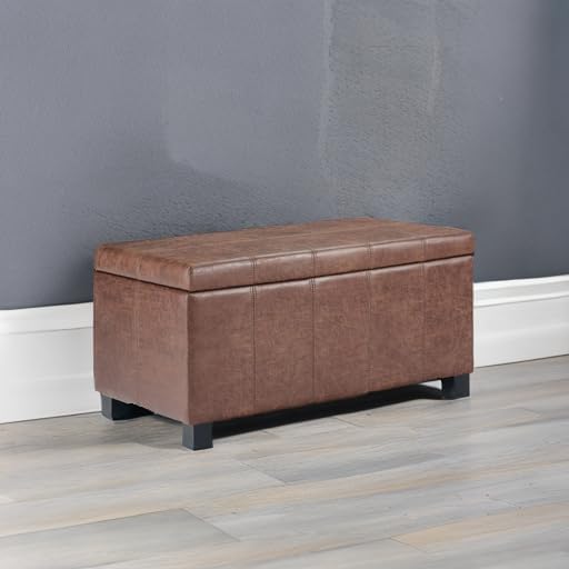 SIMPLIHOME Dover 36" Wide Vegan Leather Storage Ottoman in Brown