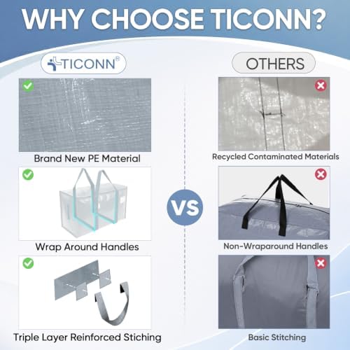TICONN 4 Pack Extra Large Moving Bags Heavy Duty with Zippers & Carrying Handles, Durable Storage Bags Moving Boxes for Closet Organizers and Storage (4 Pack, Light Grey)