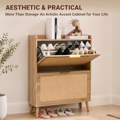 Shoe Cabinet, Rattan Shoe Storage Cabinet for Entryway with Flip Drawers