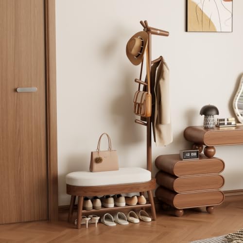 AQIMUELE Shoe Bench with Coat Rack, Shoe Rack with 9 Hooks, Walnut