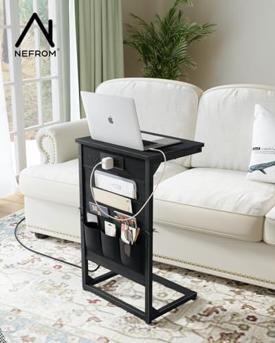 C-Shaped End Tables Set of 2, Small Couch Side Table with Fast-Charging Station, Sofa TV Tray Table with Storage Bag for Living Room, Bedroom, Bedside ET-BK-W2