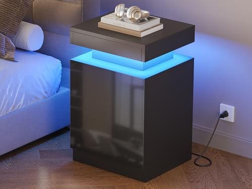 LED Nightstands Set of 2, 17 Inches Night Stand Set 2, Modern Bedside Table with LED Lights, High Gloss Surface, End Table with Storage for Bedroom, Black