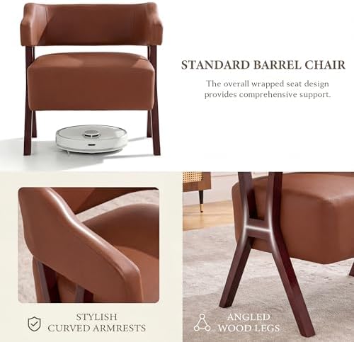 STHOUYN Faux Leather Barrel Accent Chair with Solid Wood Frame (Brown,1)