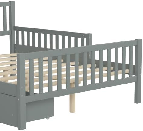 Bellemave Kids Full Bed Frame with Fences and 2 Drawers, Full Size Wooden Platform Bed with Guardrails on Both Sides for Boys Girls, Grey