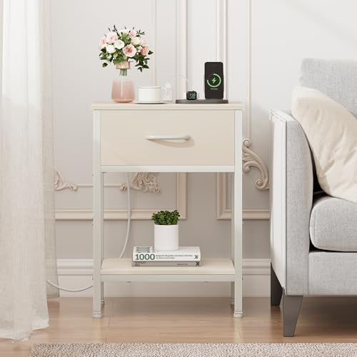 Nightstand with Charging Station, End Table with Fabric Drawer, Small Side Table with 2-Tier Storage Shelves, 25.4" Tall Night Stand, Bedside Table for Bedroom, Living Room, Dorm, Beige