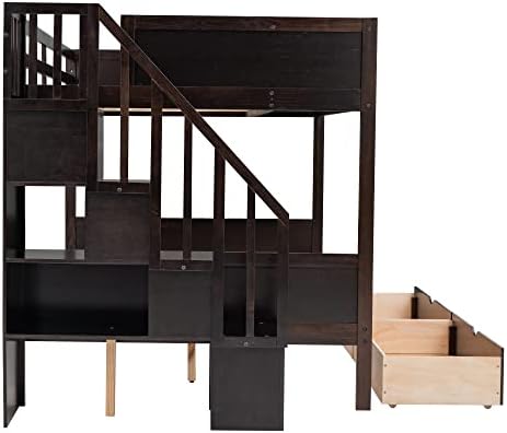 Harper & Bright Designs Twin Over Full Bunk Bed with Drawers, Wood Bunk Bed Frame with Shelves, Storage Staircase, Bedroom Furniture, Espresso