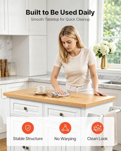 VEVOR Kitchen Island Cart with Storage, 43.7 in Wide Mobile Rolling Storage Island on Swivel Wheels, with 2 Drawers, Storage Cabinet, Spice/Towel Rack, Hooks, Table for Home Dining Room, White