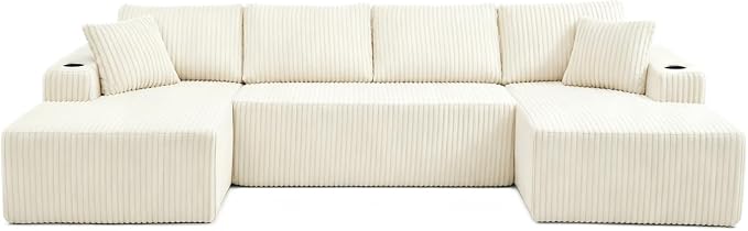 124" Modular Sectional Sleeper Sofa, Boneless Cloud Couch for Living Room, U Shaped 5 Seat Sofa with 2 Storage Pockets& 2 Cup Holders, Free Combination, No Assembly Required