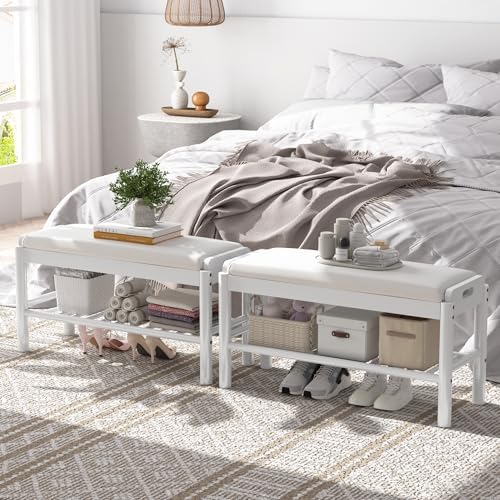 Shoe Storage Bench with Cushion - 2 Tier Shoe Rack for Front Door Entrance, Wood Shoes Rack, Entryway Bench with Shoes Storage for Closet,Hallway,Bedroom&Living Room(White, 31.5" W)