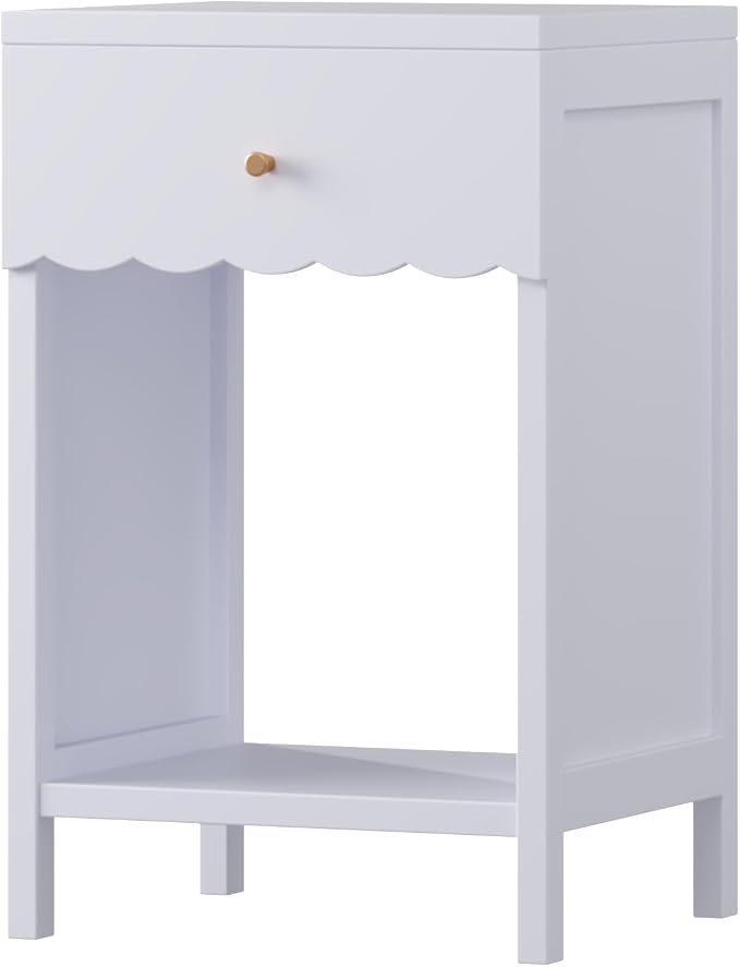 Cute Nightstand with Drawer and Open Shelf, Scalloped Edge Design Bedroom Bedside Table, Wood End Table for Kids Girls Bedroom, Light Purple