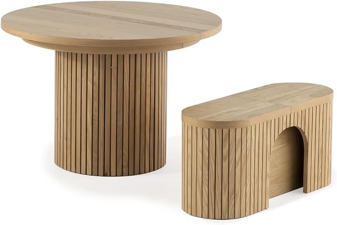 Transformer Table - Solid Wood Extendable Round Dining Table Set with Bench, Expandable Round Dining Set, Seats 4-10, Seat with Hidden Panel Storage, Natural (Table + Bench)