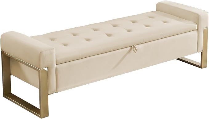 End of Bed Storage Bench, 67'' Bench for Bedroom Foot of Bed King Size, Modern Velvet Storage Ottoman Benches with Gold Legs for Windows Living Room, Beige