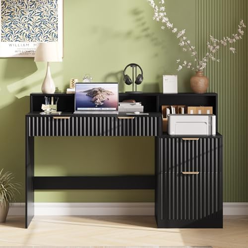Vabches Fluted Computer Desk with Power Outlets, Home Office Desk with Drawers, Printer Stand, Wood Computer Desk with Long Monitor Stand, Black
