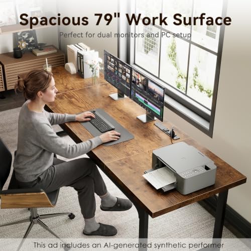 Coleshome 79 Inch Long Computer Desk with Power Outlet, Thicker Desktop & Legs, Large Heavy Duty Office Desk for Home Office & Gaming, Rustic Brown