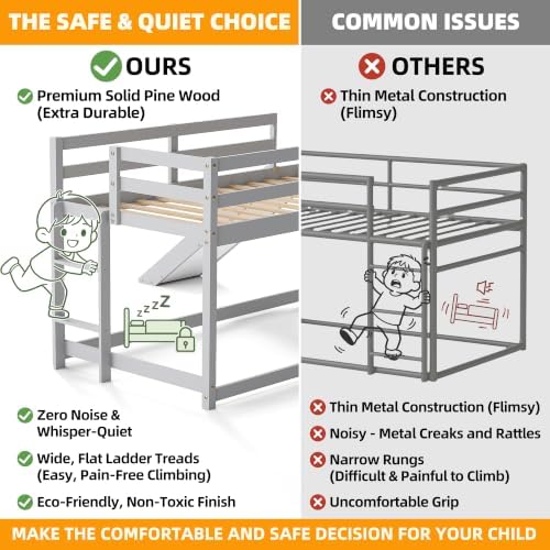 Low Bunk Bed with Slide, Floor Loft Bed with Climbing Ladder, Wood Twin Bunk Bed Frame with Full Guardrails & Storage Space for Kids Toddler