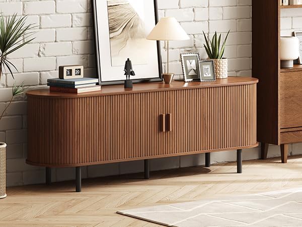 ONBRILL 63" TV Stand with Power Outlet for TVs up to 70 Inch, Entertainment Center with Storage and Adjustable Shelves, Modern Media Console with Sliding Doors for Living Room, Walnut