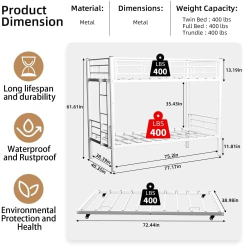 SDHYL Twin Over Twin Bunk Bed with Trundle, Heavy Duty Metal Bunk Beds Frame with Safety Guardrail & Ladder, Noise Reduced, No Box Spring Needed, Space-Saving, White