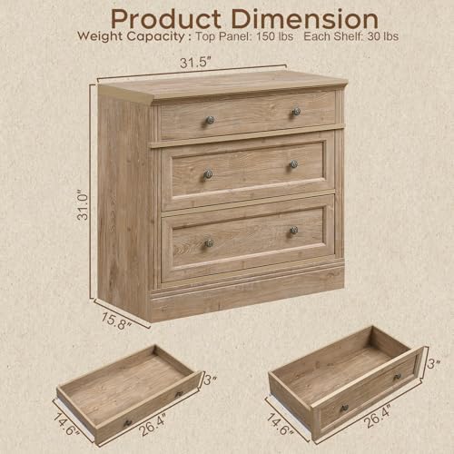 Night Stand, 31.5" Oversized Nightstand with 3 Drawers, Light Oak