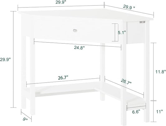 Haotian Small Corner Desk, Triangle Computer Desk with Drawer and Ladder Shelf, Home Office Writing Vanity Table, White FWT31-W