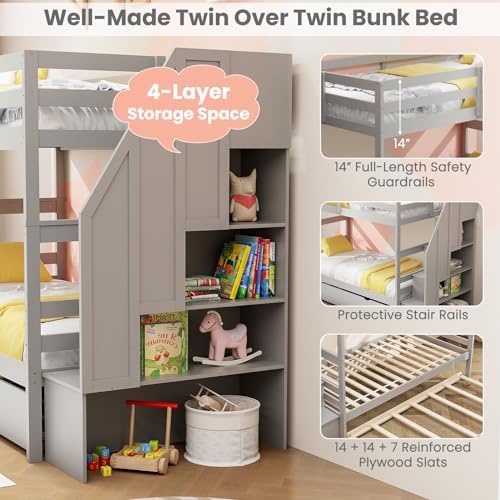 KOMFOTT Wood Twin Over Twin Bunk Bed with Trundle & Storage Stairs, Bunk Bed Frame with Protective Guardrails for Kids Room, Bedroom, Convertible to 2 Separated Beds, No Box Spring Needed (Grey)