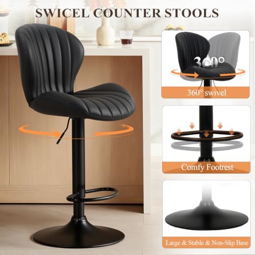 COLAMY Bar Stools Set of 2,Swivel Adjustable Height Leather Bar Chair,Black