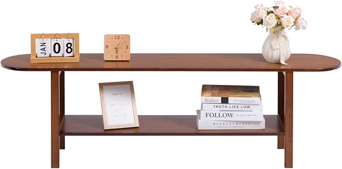 HollyHOME Bamboo TV Stand with Storage for TVs up to 65", Modern Entertainment Center with Rattan Side, Accent TV Table with 2 Shelf, Media Console TV Stand for Living Room, Bedroom, Walnut