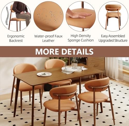 Upholstered Dining Chairs Set of 4 Mid-Century Modern Kitchen & Dining Room Chairs with PU Leather Seat and Backrest Ergonomic Sillas de Comedor(Walnut/Brown)