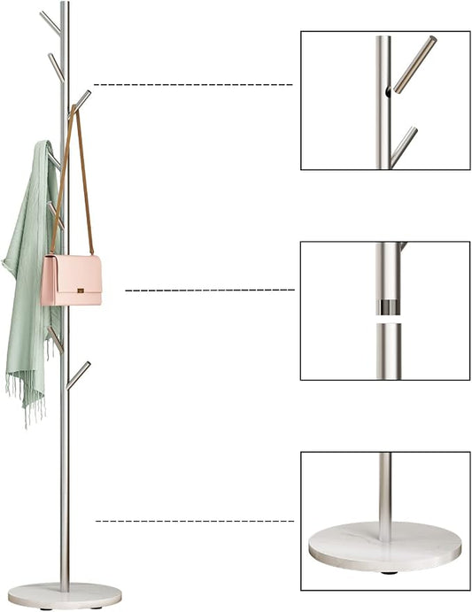 DOORXIFO Silver Coat Racks, Metal Coat Rack Freestanding with Hooks, Entryway Coat Rack Stand, Coat Racks with Marble Base, Coat Tree for Hanging Clothes, Hats, Bags