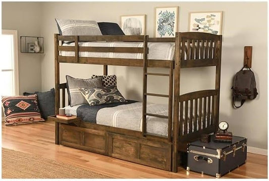 Kodiak Furniture Claire Wood Twin Over Twin Bunk Bed with Storage Drawers in Rustic Walnut Brown Finish - Mattresses Not Included