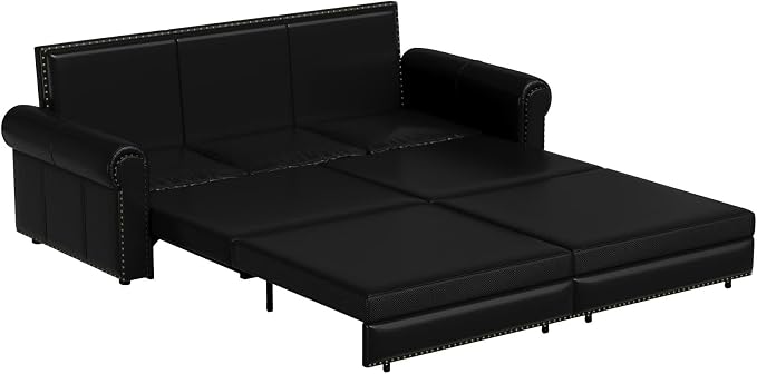93.7" King Pull Out Sofa Bed, Faux Leather Sleeper Sofa Couch, 3 in 1 Convertible Futon Couches for Living Room, Small Space, Apartment, Office, Bedroom, Modern Rivet Armrest, Black