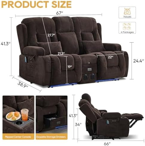 IPKIG Power Loveseat Recliner Sofa with Flip Back Console, 67" - 3 Seat