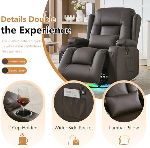 URRED Swivel Rocker Recliner Chair with LED Ambient Lights for Adults,Brown