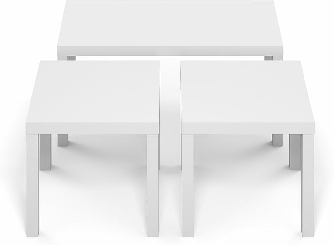 Furinno Classic Living Room Table Set of 3, Modern Rectangle Coffee Table with 2 Square Side Tables, End Tables, 1.8 Inch Thick Tabletop for Living Room, Home Office, White