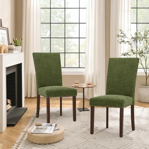 Parsons Dining Chairs Set of 4, Upholstered Nailhead Dining Room Kitchen Side Chair with Thick Cushions and Wood Legs, Green