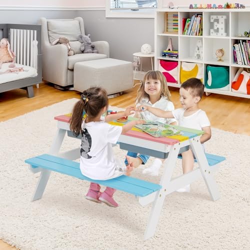 HONEY JOY Kids Picnic Table, 4 in 1 Cedar Wooden Sand & Water Table w/ 2 Removable Box & Umbrella, Kids Picnic Tables for Outdoors Backyard Garden, Toddler Patio Furniture Set for Boys Girls(Blue)