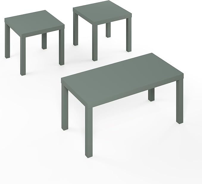 Furinno Classic Living Room Table Set of 3, Modern Rectangle Coffee Table with 2 Square Side Tables, End Tables, 1.8 Inch Thick Tabletop for Living Room, Home Office, Sage Green