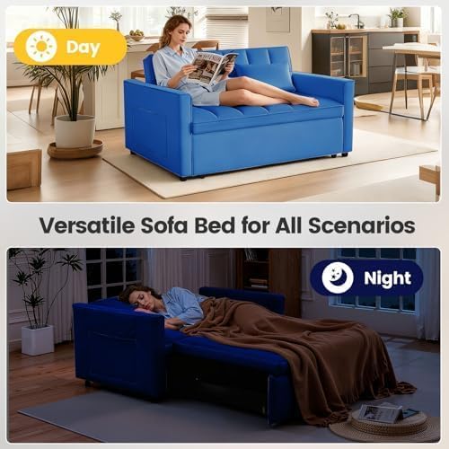 Pull Out Couch, Convertible Sofa Bed With Side Pockets, 3 in 1 Velvet Fabric Loveseat sleeper sofa bed, Love Seat Sleeper Bed with Adjustable Backrest for Living Room, Bedroom, Apartment, Blue