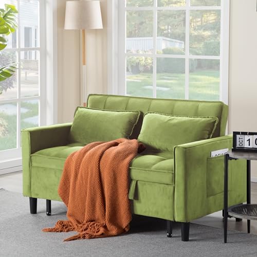 3 in 1 Convertible Sofa Bed, Loveseat Sleeper Sofa with Large Side Pockets, Pull Out Couch with Adjustable Backrest, Easy Assembly, Velvet Couch Bed for Small Spaces, Apartment, Green