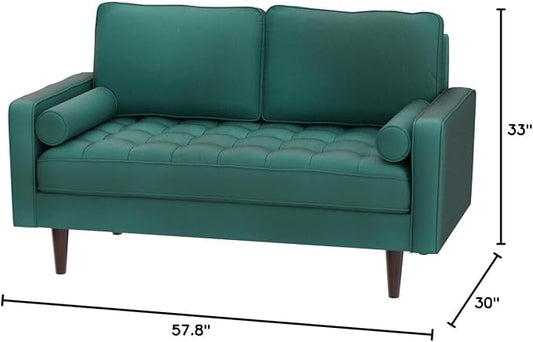 Container Furniture Direct Womble 58 Inch Velvet Loveseat Sofa with Elegant Button Tufted Upholstery, Square Arms, Splayed Wood Legs, Includes Matching Bolster Pillows, Pine Green