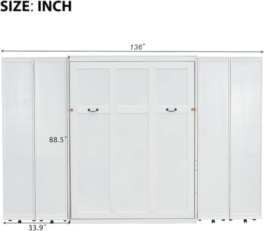MERITLINE Queen Murphy Bed Cabinet with Storage Bookshelf Bookcase, Wood Hidden Foldable White Murphy Wall Bed with Storage Shelves for Adults