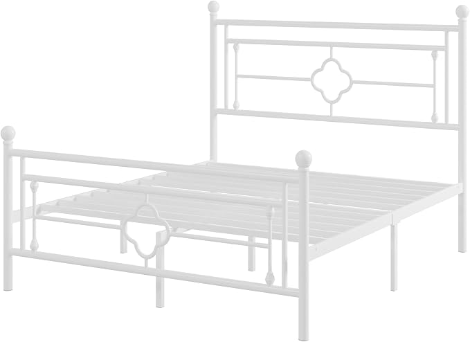 Allewie Queen Size Metal Platform Bed Frame with Victorian Vintage Headboard and Footboard/Mattress Foundation/Under Bed Storage/No Box Spring Needed/Noise-Free/Easy Assembly, White