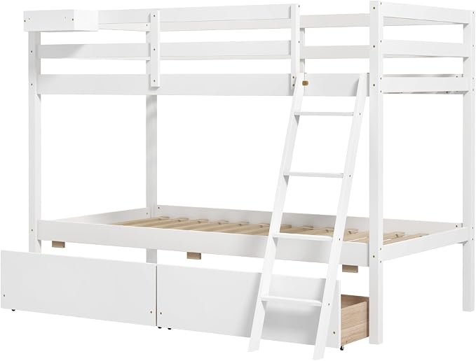 KOTEK Bunk Bed Twin Over Twin with 2 Storage Drawers, Solid Wood Bunk Bed Frame with Storage Cube, Guardrails, Ladder, No Box Spring Needed, Twin Bunk Beds for Kids Teens (White)
