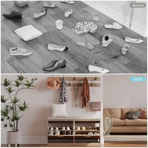 Rattan Shoe Storage Bench with 2 Coat Racks & Padded Cushion